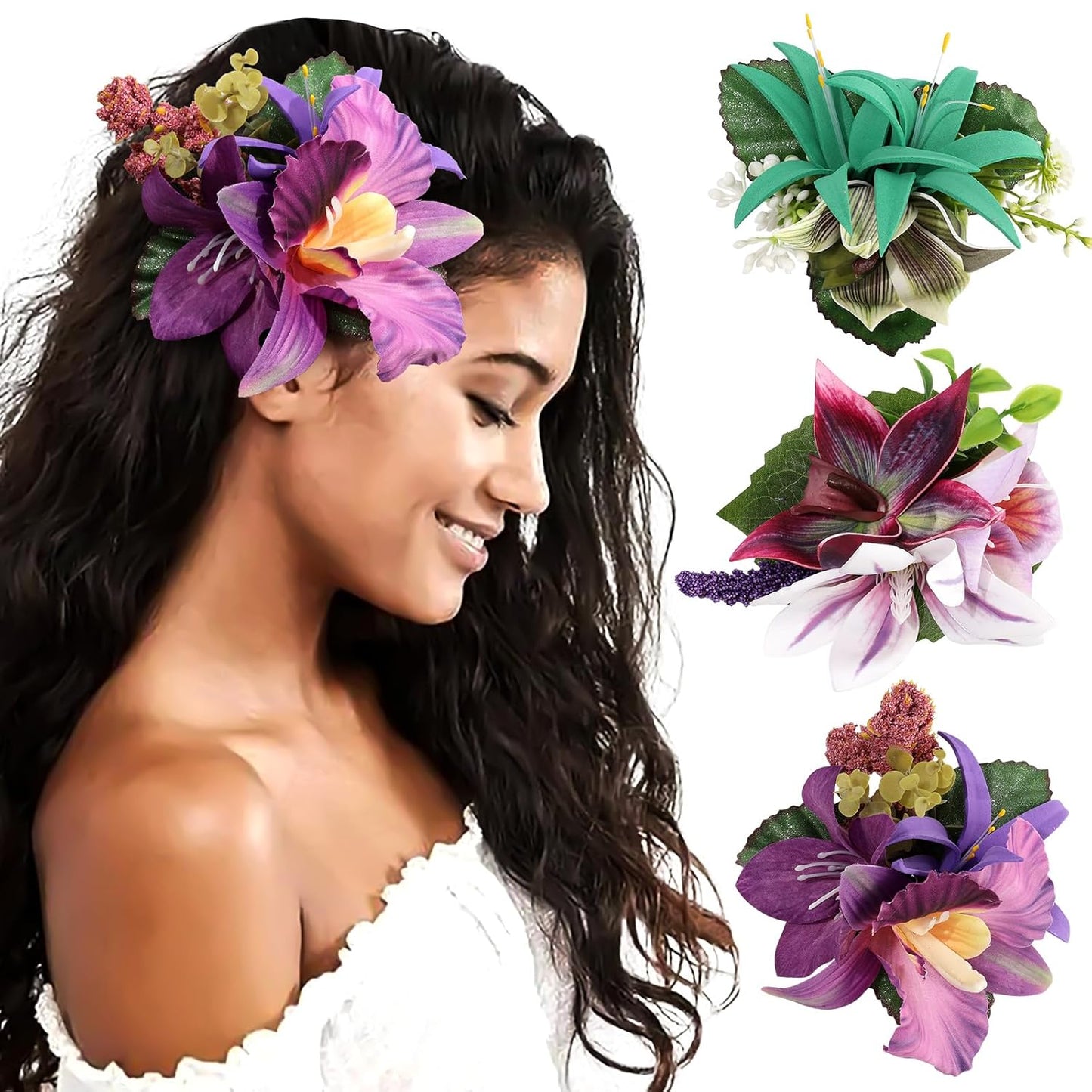Hawaiian Flower Hair Clips - 3-Piece Set of Tropical Hair Pins | Artificial Floral Accessories in Blue, Pink, Purple