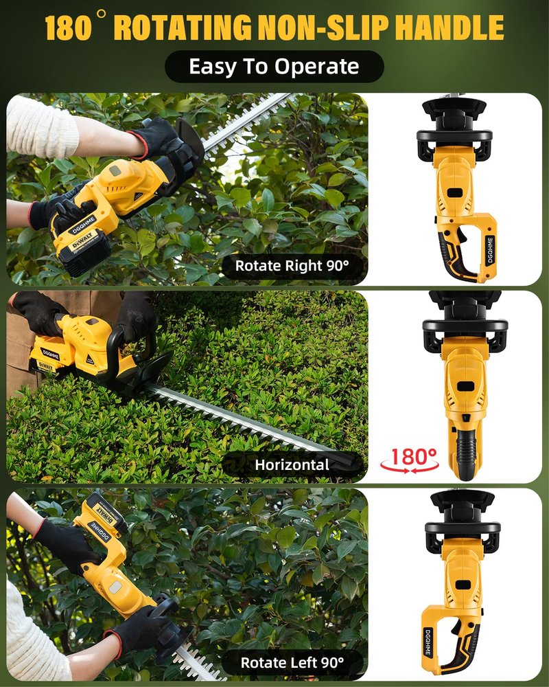 DGQHME Electric Hedge Trimmer Cordless, Compatible with Dw 20V MAX Battery, Lightweight Hedge Trimmers,3000RPM 180° Rotating Head,3/4" Blade Gap(Battery Not Included)