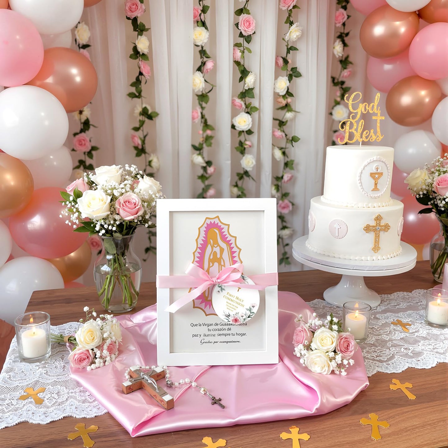 12 Pcs Baptism Favors Our Lady of Guadalupe Frame, Girls First Communion Gifts Recuerdos De Bautizo Photo Frame Pink Bautizo Centerpieces, Catholic Religious Keepsake Niña Primera Comunion Souvenirs