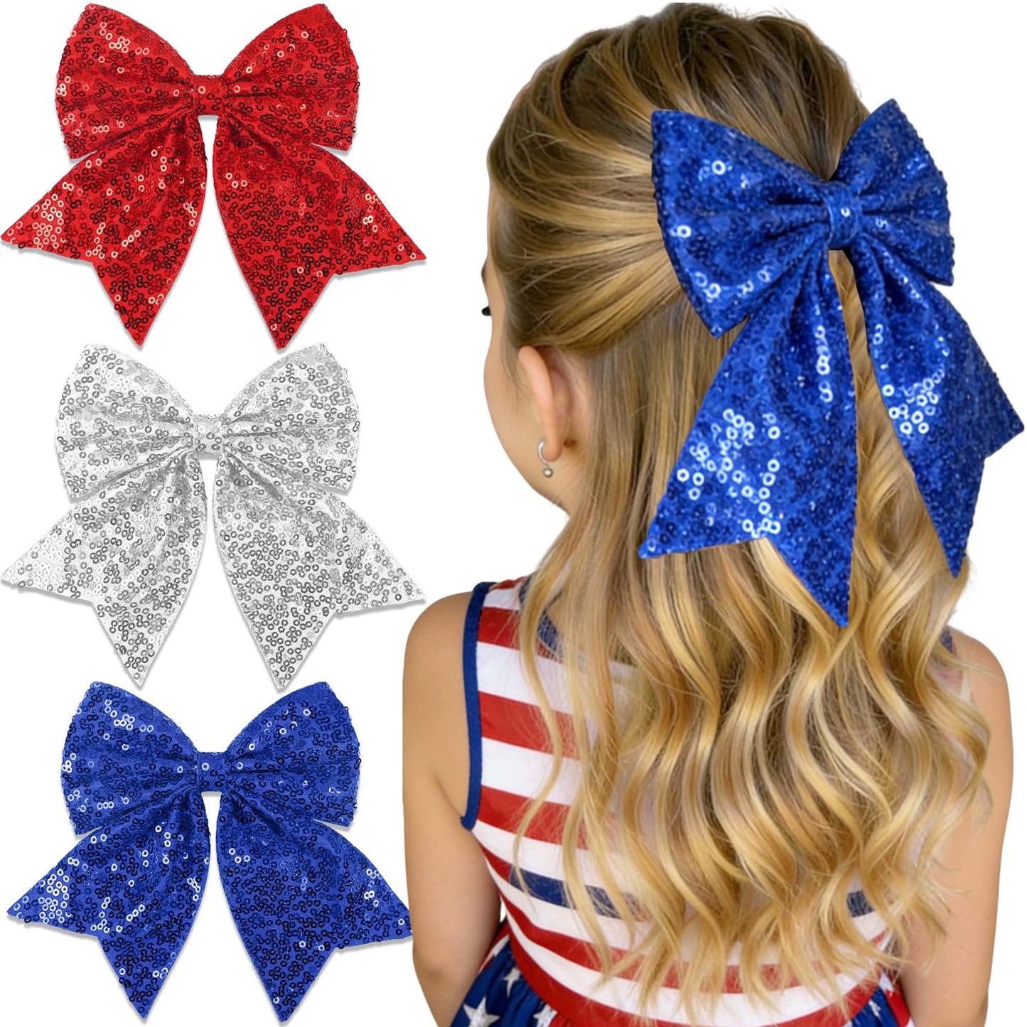 STGDAK Red White Blue Hair Bow 4th of July Bow for Women Girls Patriotic Bowknot Clip Forth of July Big Bows USA Independence Day Hair Accessories for Women Girls 3 Pack