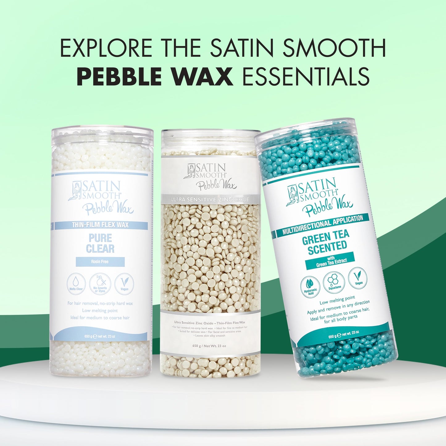 Satin Smooth Green Tea Multidirectional Pebble Wax – Hard Wax Beads for Face & Body, Brazilian Waxing, Hair Removal for Sensitive Skin, 23 oz