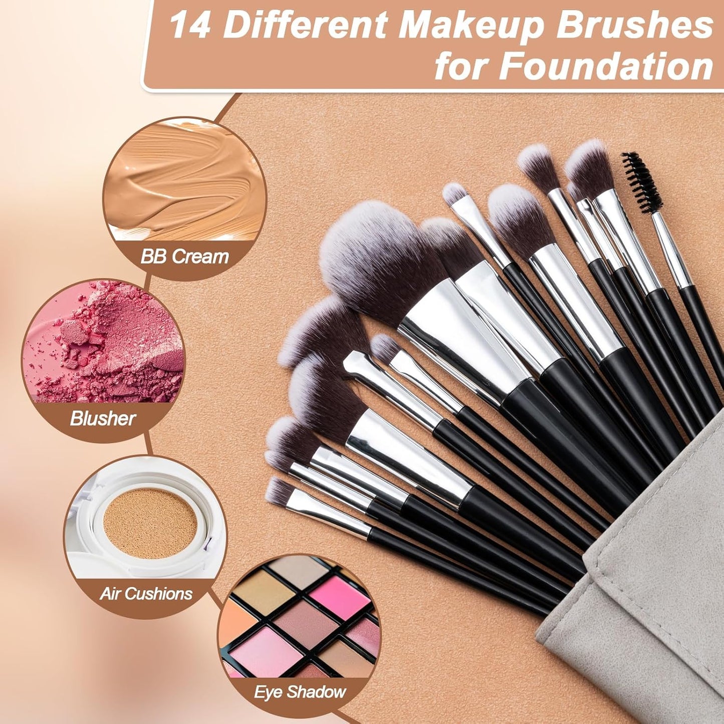 Professional Makeup Brush Set - 14 Pcs Eye & Face Brushes with PU Bag | Black