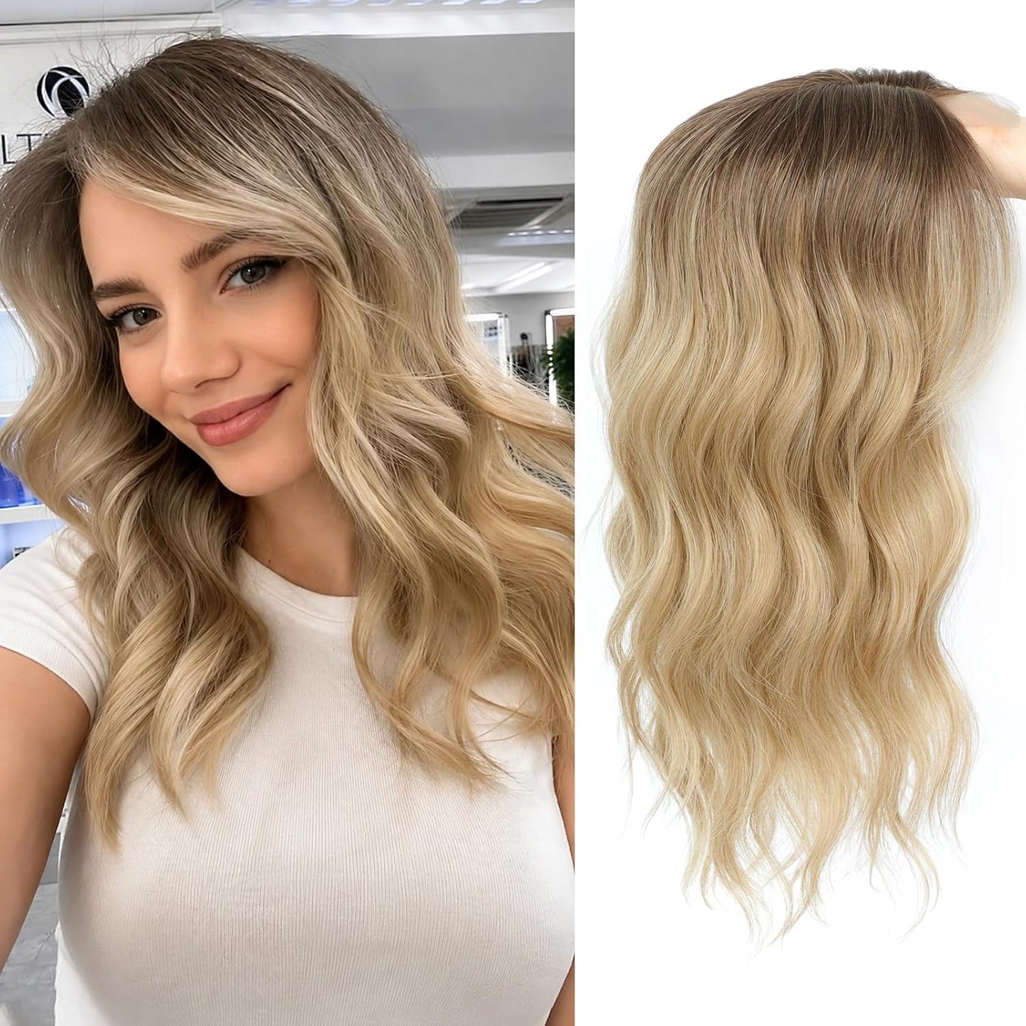 Hair Topper for Women - 16 Inch Synthetic Curly Wavy Clip-In with Curtain Bangs | Natural Volume & Coverage