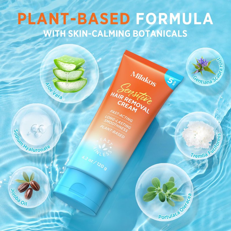 Milakos Hair Removal Cream for Women – Painless Depilatory Cream for Legs, Arms, Underarms & Bikini Line – 5 Minute Fast Acting Hair Remover with Aloe Vera & Argan Oil – Gentle on Sensitive Skin