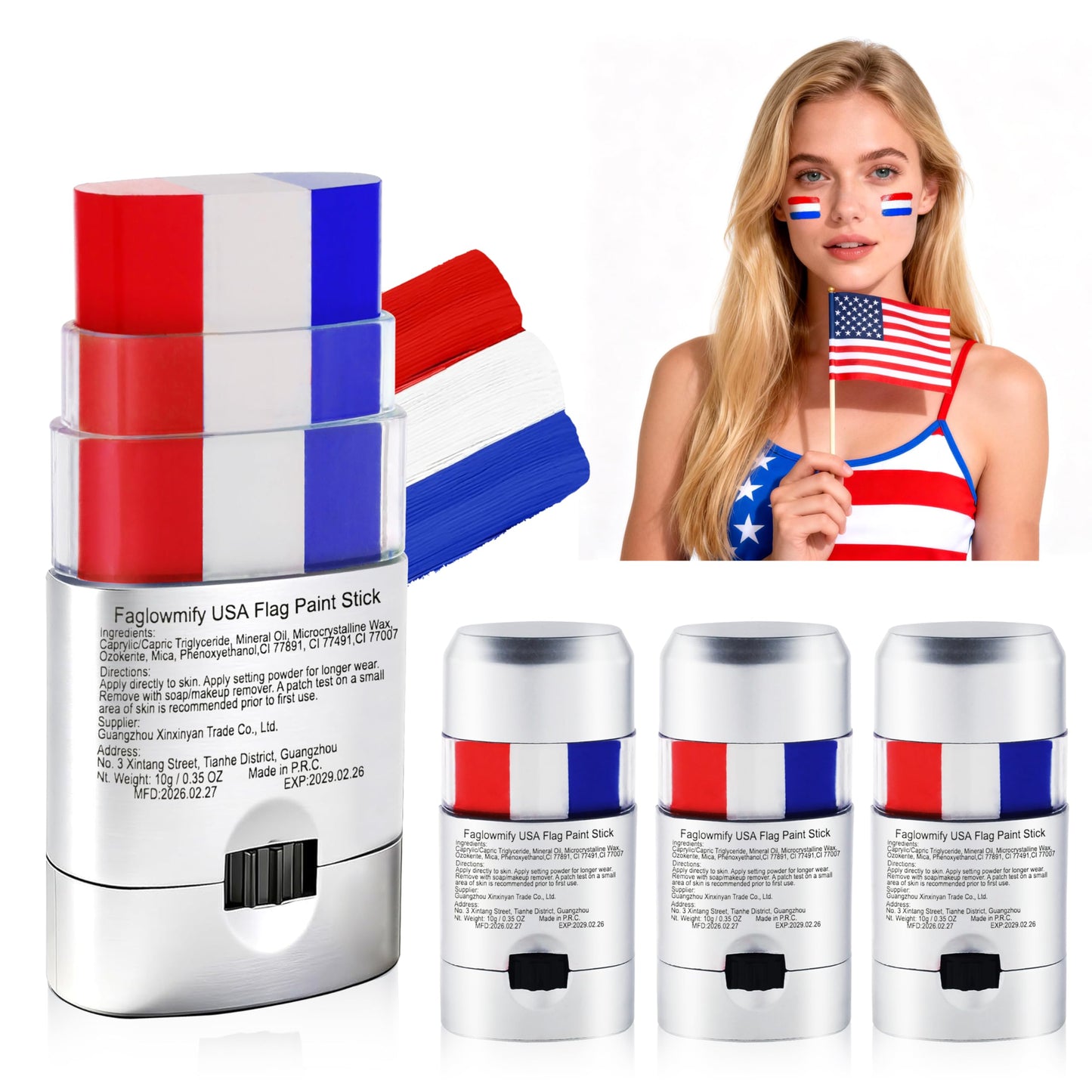 Faglowmify 4Pcs Red White and Blue Eye Black,USA Flag Face Body Paint for 4th of July America Independence Day,Baseball Accessories Eye Black Softball