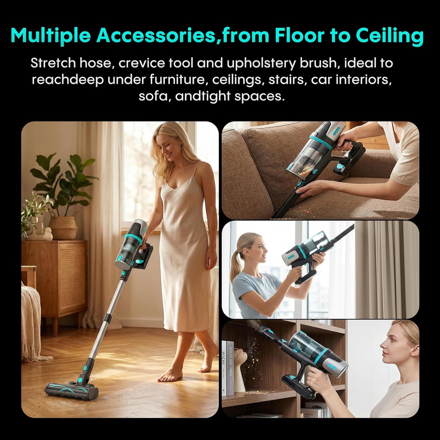 Cordless Vacuum Cleaner - 65KPa Suction Power, 65 Mins Runtime, Anti-Tangle Touch Screen | Detachable Battery for Floors & Carpets