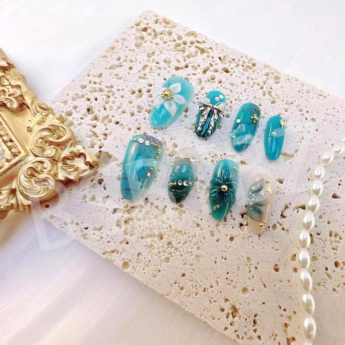 Handmade Blue Press-On Nails - 30Pcs Medium Almond Design with Gold Beads & Rhinestones | Full Cover 3D Butterfly & Flower Patterns