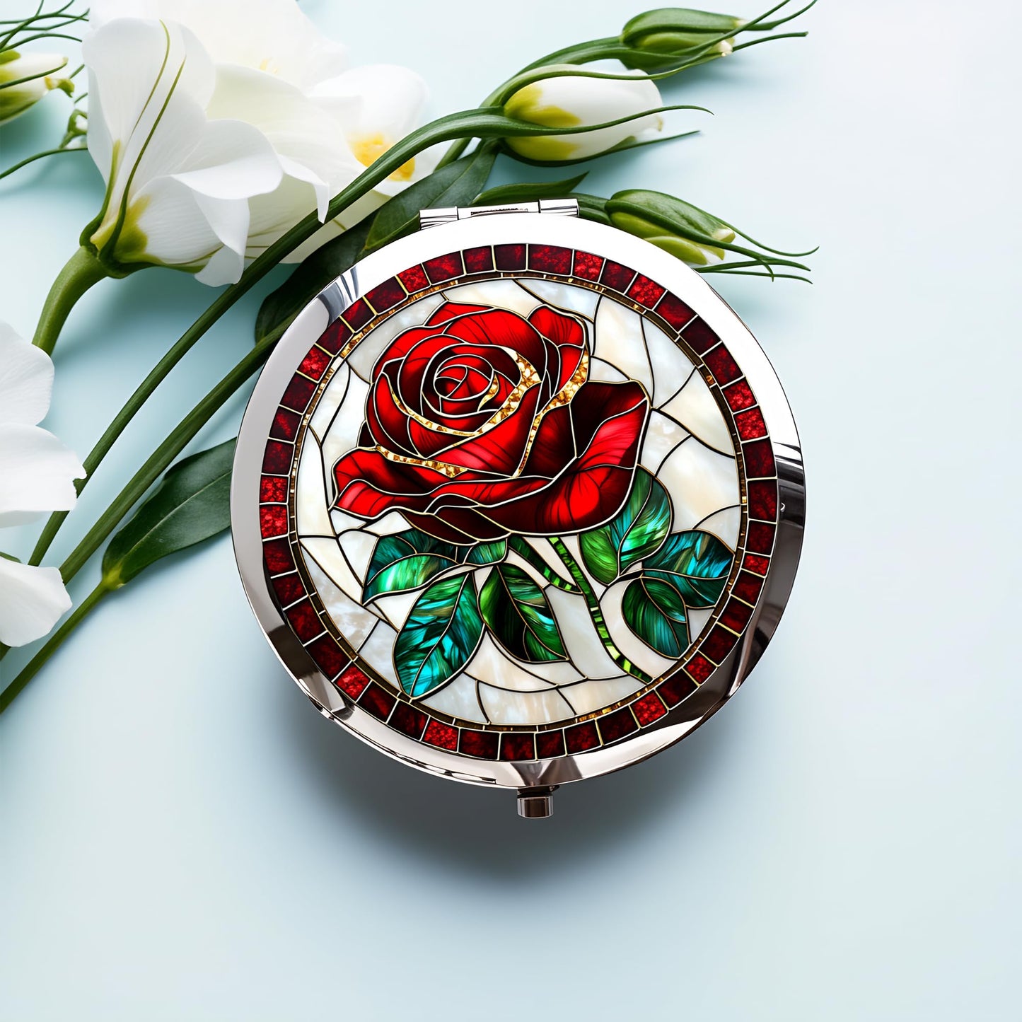 Silver Compact Mirror, 2.8x2.8inch Double-Sided Folding Makeup Mirror with Red Rose Stained Design, Ideal Gift for Women
