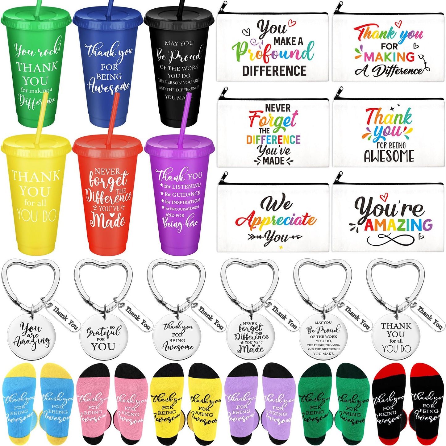 Funnymoom 24 Pcs Employee Appreciation Gifts Bulk for Women 24 oz Plastic Tumbler Cup Inspirational Makeup Cosmetic Bag Crew Sock Keychain Thank You Gift for Teachers School Staff Team Coworker