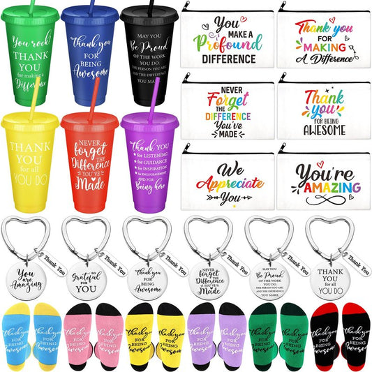 Funnymoom 24 Pcs Employee Appreciation Gifts Bulk for Women 24 oz Plastic Tumbler Cup Inspirational Makeup Cosmetic Bag Crew Sock Keychain Thank You Gift for Teachers School Staff Team Coworker