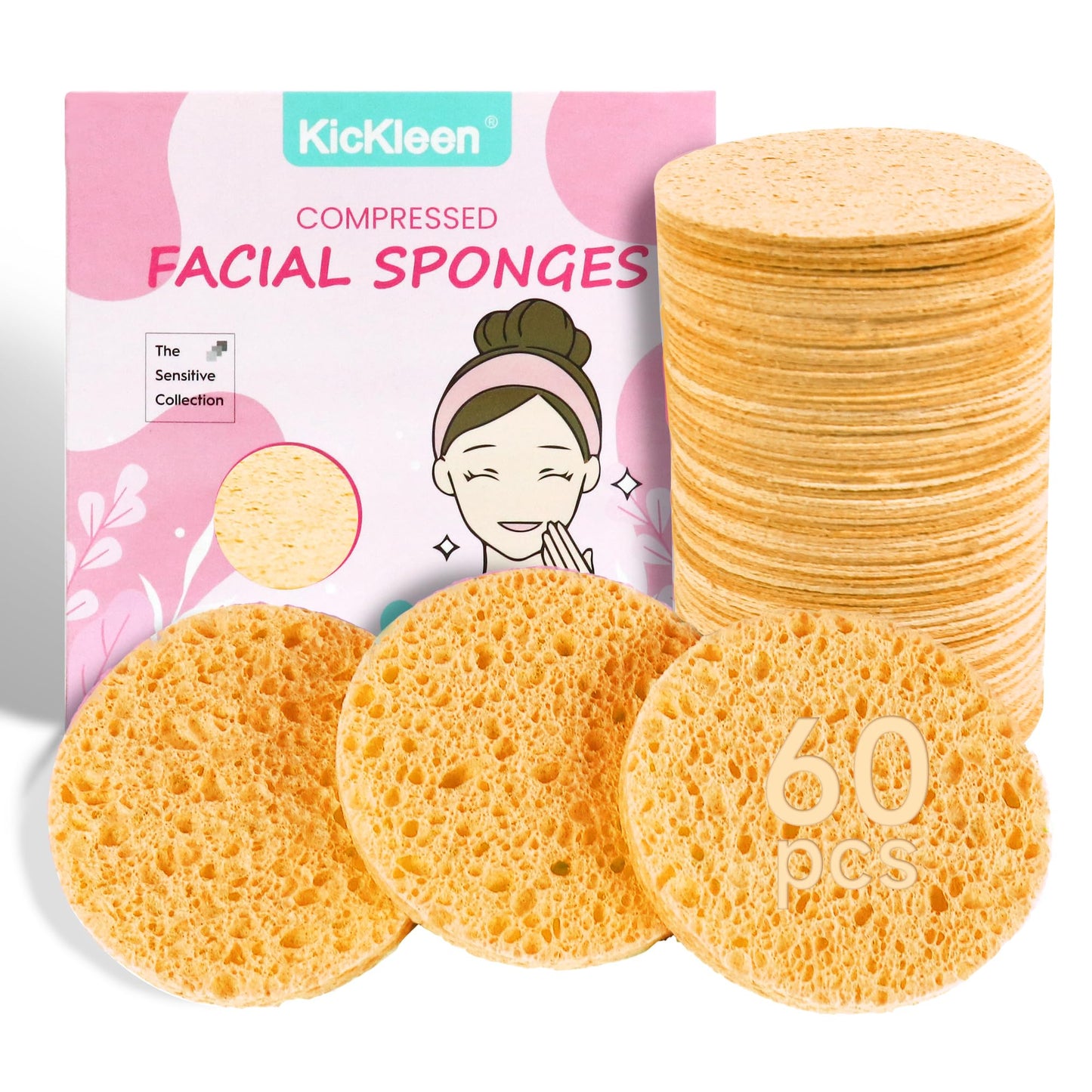60-Count Compressed Facial Sponges|100% Natural Kickleen Cellulose Cosmetic Spa Sponges for Daily Facial Cleansing|Makeup and Mask Removal | Exfoliating | Skin Massage | Pore Exfoliation (Yellow)
