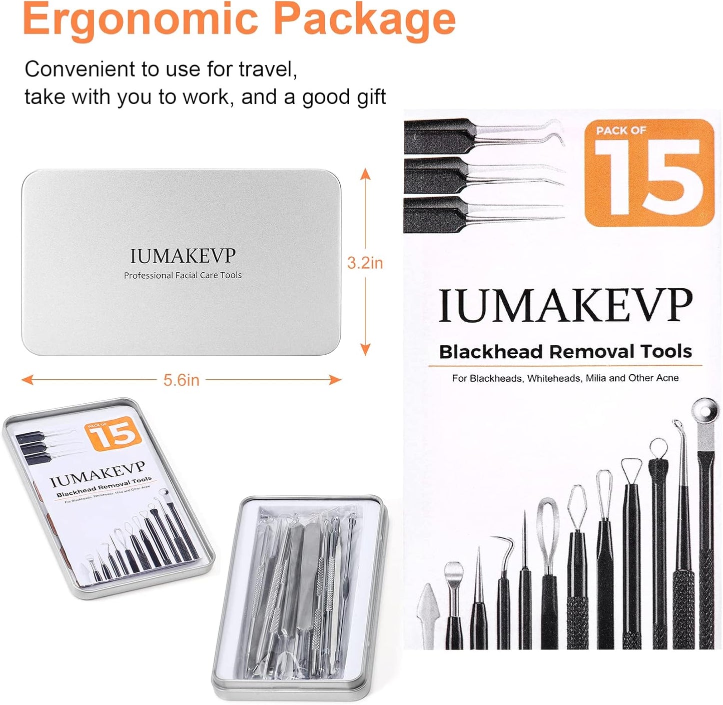 Pimple Popper Tool Kit - 15 PCS Professional Stainless Steel Blackhead Remover Set | Acne Extraction Tools in Metal Case (Silver)