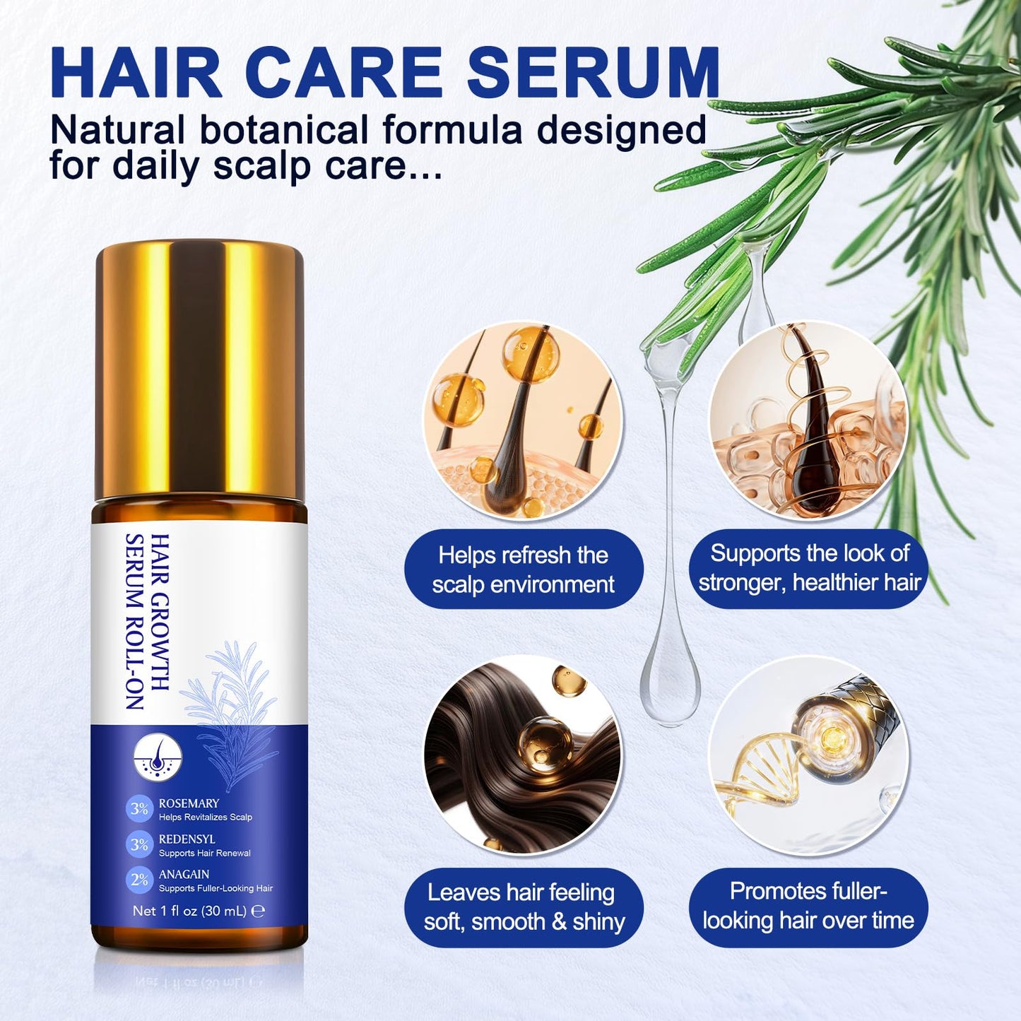 Hair Growth Serum Roll On, 30ml Hair Growth Oil with 3% Rosemary, 3% Redensyl, 2% Anagain, Hair Growth Serum Rosemary Oil for Hair Growth to Help Nourish Hair Follicles, Support Scalp Health