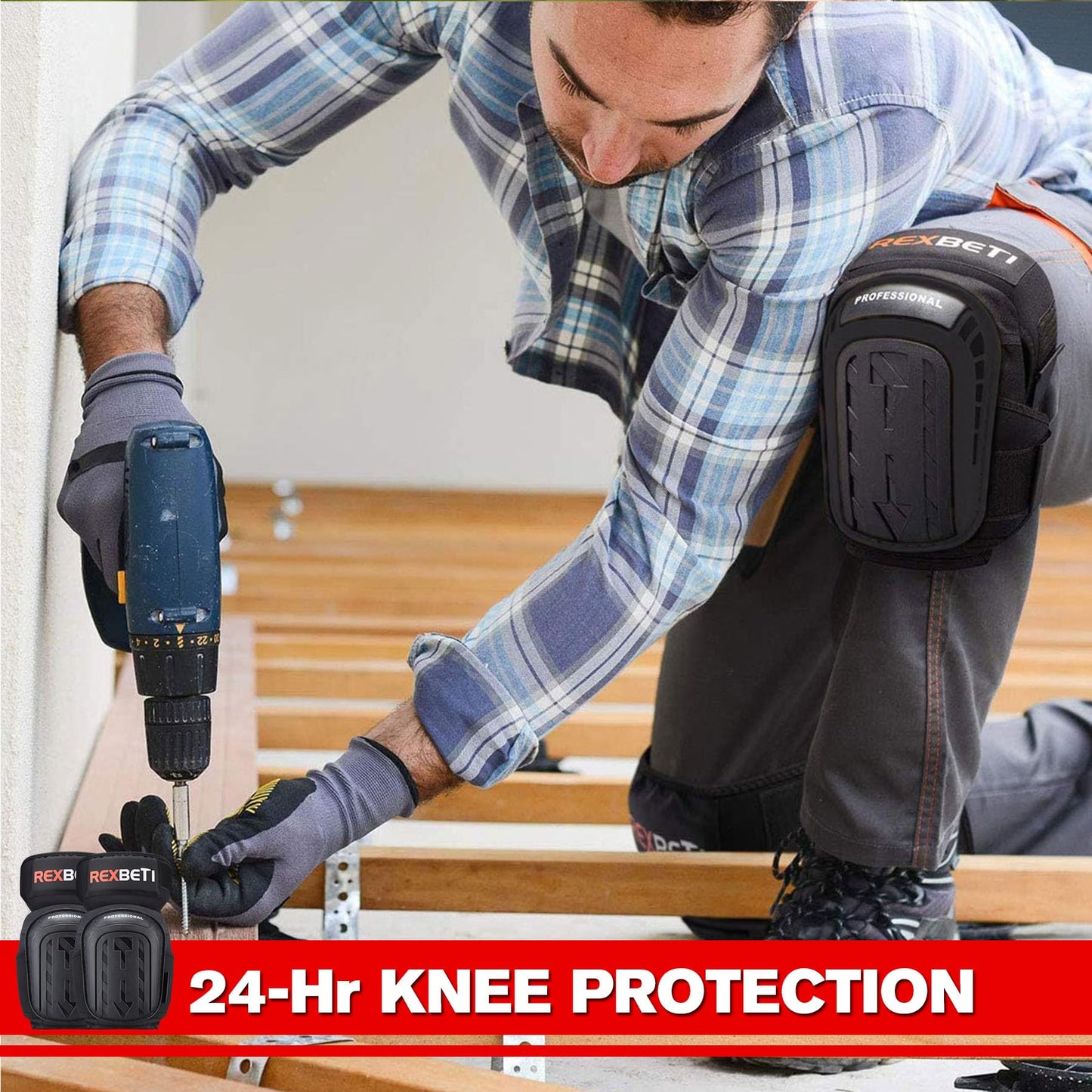 REXBETI Knee Pads for Work, Construction Knee Pads for Men, Heavy Duty Comfortable Anti-slip Foam Gel Knee Pads for Gardening Flooring and Cleaning, Strong Stretchable Straps, Black