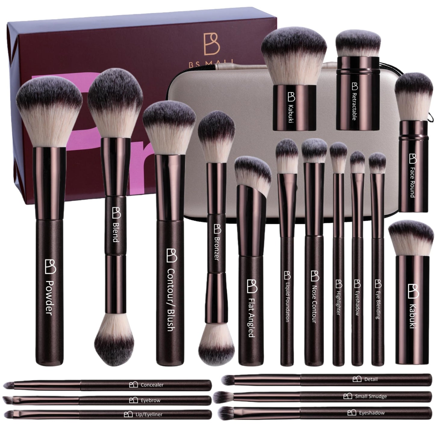 Professional Makeup Brush Set BS-MALL with Travel Case, 20PCS Synthetic Makeup Brushes for Foundation, Conce aler, Blush, Powder & Eyeshadow, Labeled Face Eye Brushes for Beginners, Makeup Artists