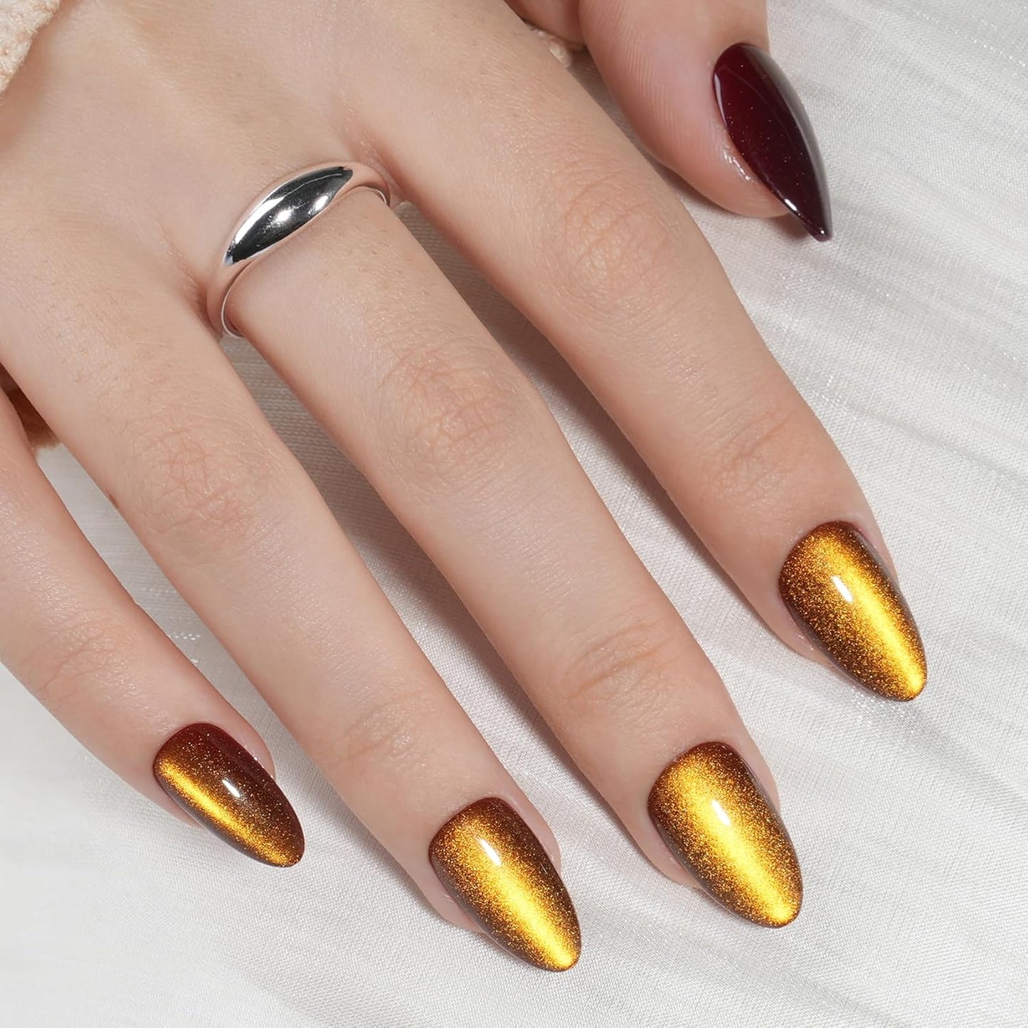 Cat Eye Press On Nails - Short Almond Fake Nails with Nail Glue | Reusable Brown Red 32-Piece Kit in 16 Sizes for Women & Girls
