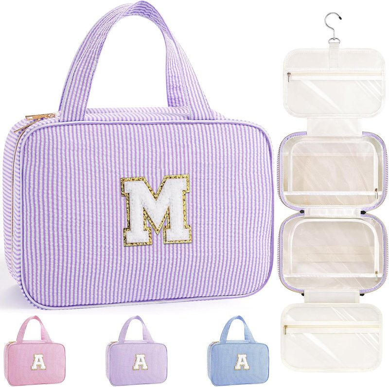 Travel Hanging Toiletry Bag - Personalized Initial Pouch for Women | Cruise Essentials, Purple M