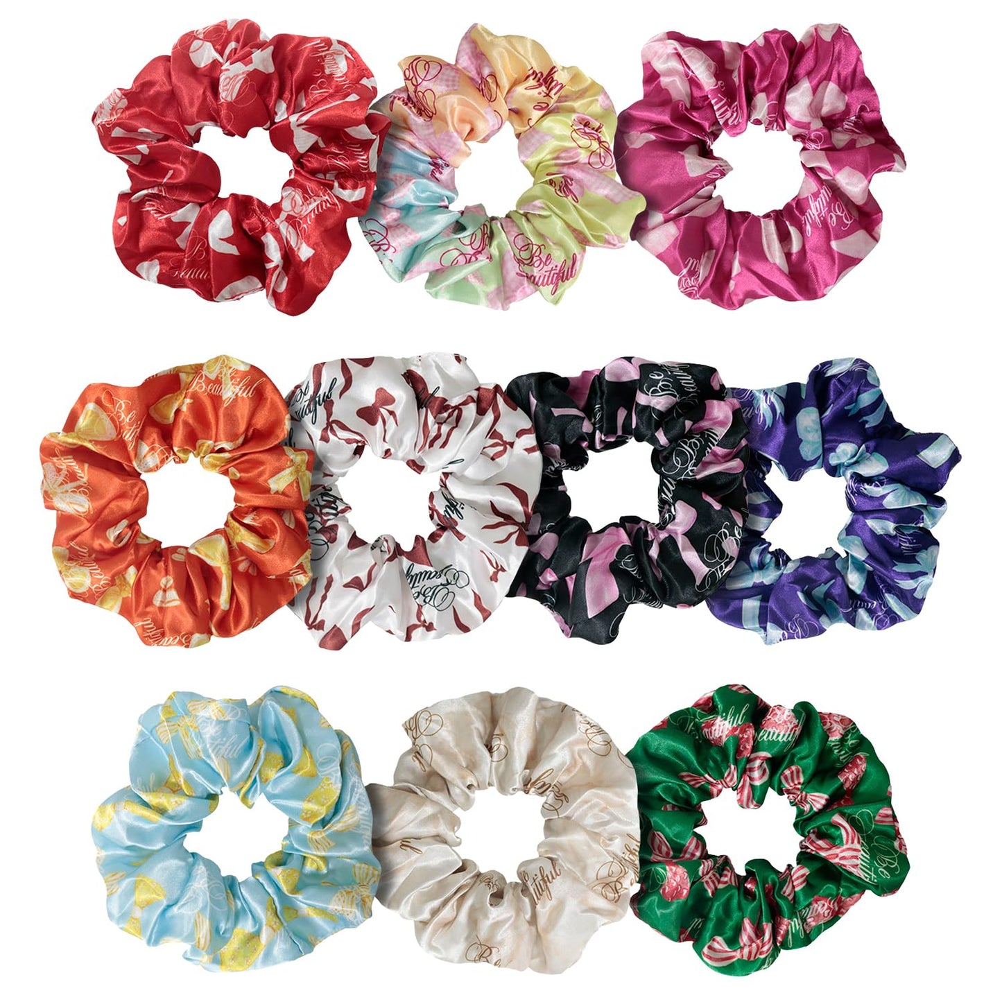 Cute Design Scrunchies - Elastic Hair Ties for All Hair Types | XL Soft Ponytail Set with Ribbon