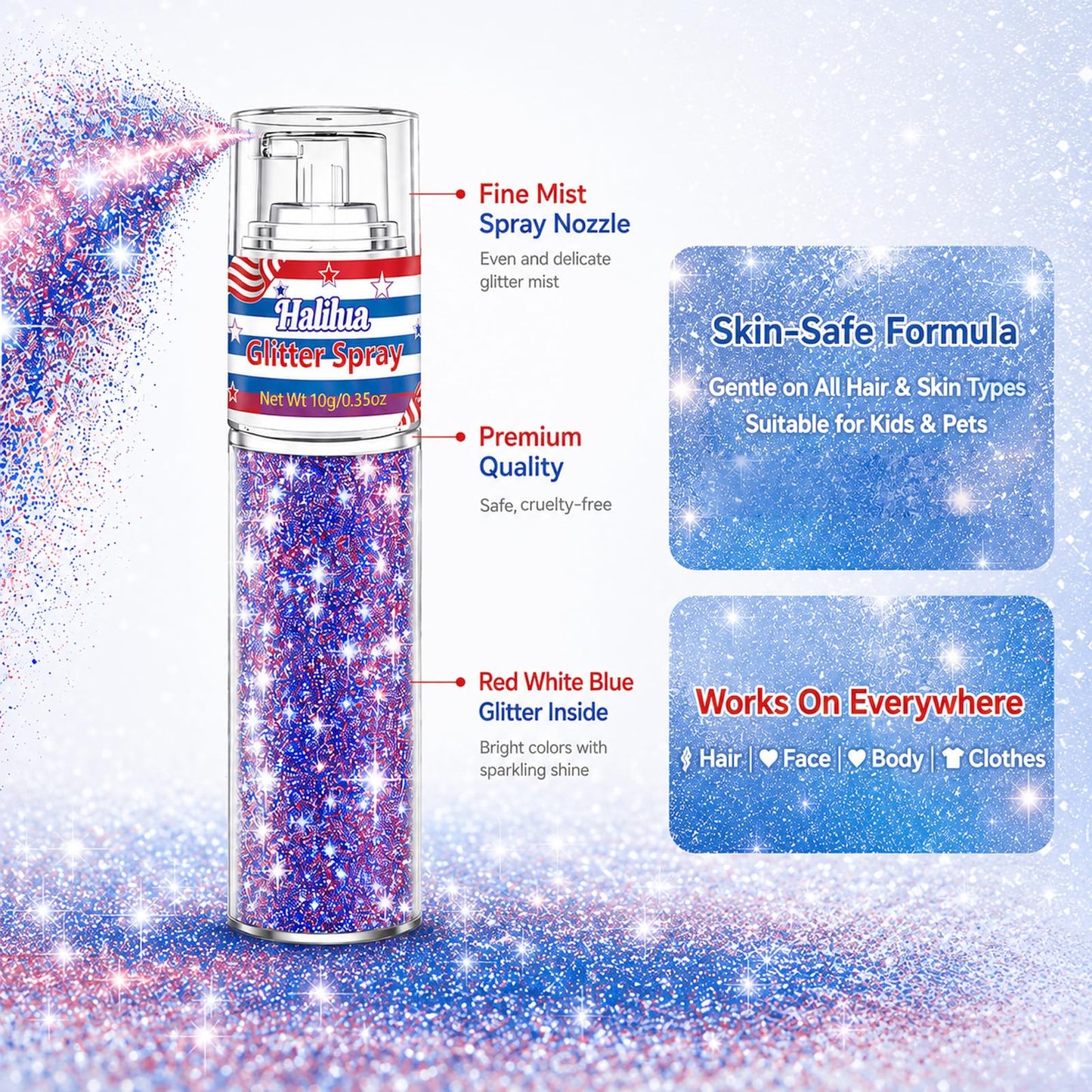 Patriotic Hair and Body Glitter Spray, 4th of July Decorations Accessories for 250 Anniversary Independence Day, Fourth of July Outfits for Women Kids, Red White and Blue Glitter Sparkle Powder