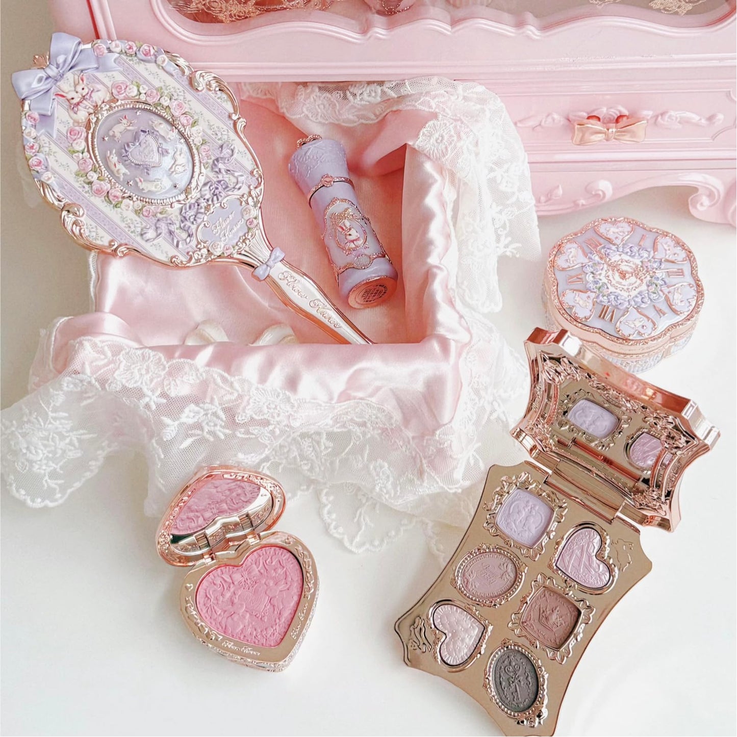Flower Knows Bunny Garden Chromatic Harmony Gift Set, Violet Dream Bunny Theme, Collectible Violet 9-Piece Beauty Box with Lip Cream, Blush, Eyeshadow, Gel Eyeliner, Mirror & Tools