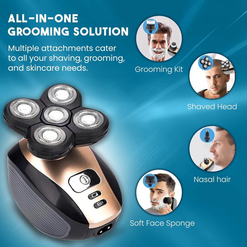 The Perfect Part 5-in-1 Rotary Electric Razor Bald Head Shaver | 4D Rechargeable and Cordless Beard Trimmer | Includes Skull Shaver, Clippers, Nose Hair Trimmer, Face Scrubber & Facial Cleansing Brush