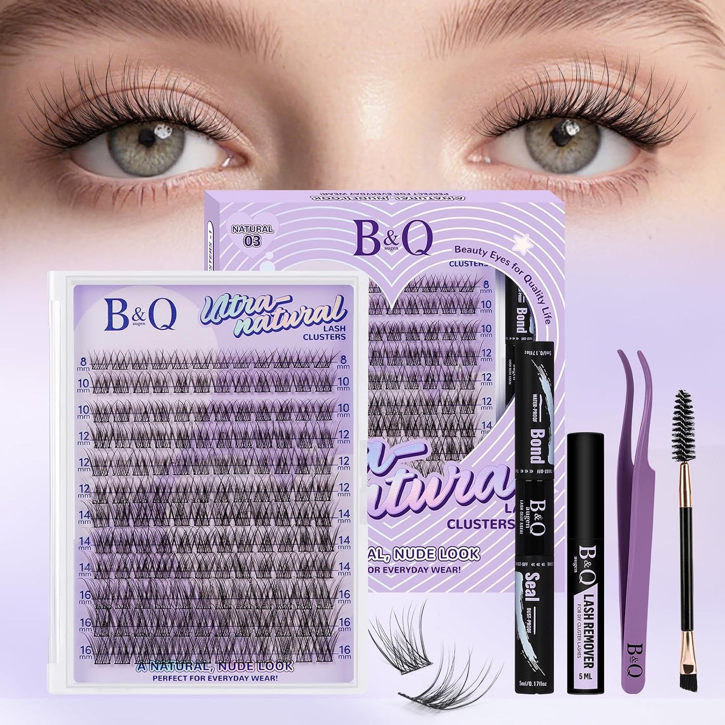 Eyelash Extension Kit - 10-18mm D Curl Lash Clusters with Bottom Lashes | DIY Bond & Seal Applicator