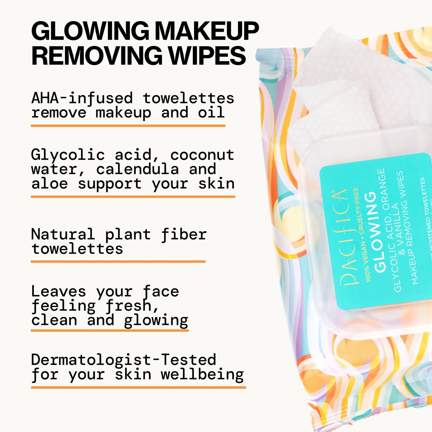 Pacifica, Glowing Makeup Remover Wipes - with Glycolic Acid for AHA Exfoliating and Facial Cleansing - No Rinse Face Cleaning Towelettes - Dermatologist Tested, 30 Count