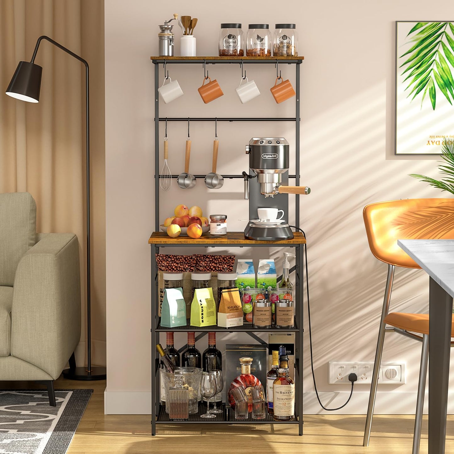 4 Tier Coffee Bar Station, Kitchen Stand with 8 S-Shaped Hooks, Large Space Coffee Station Table, Farmhouse Coffee Bar Shelf, Bakers Rack for for Kitchen, Living Room, 23.62" W x 15.74" D x 57.13" H