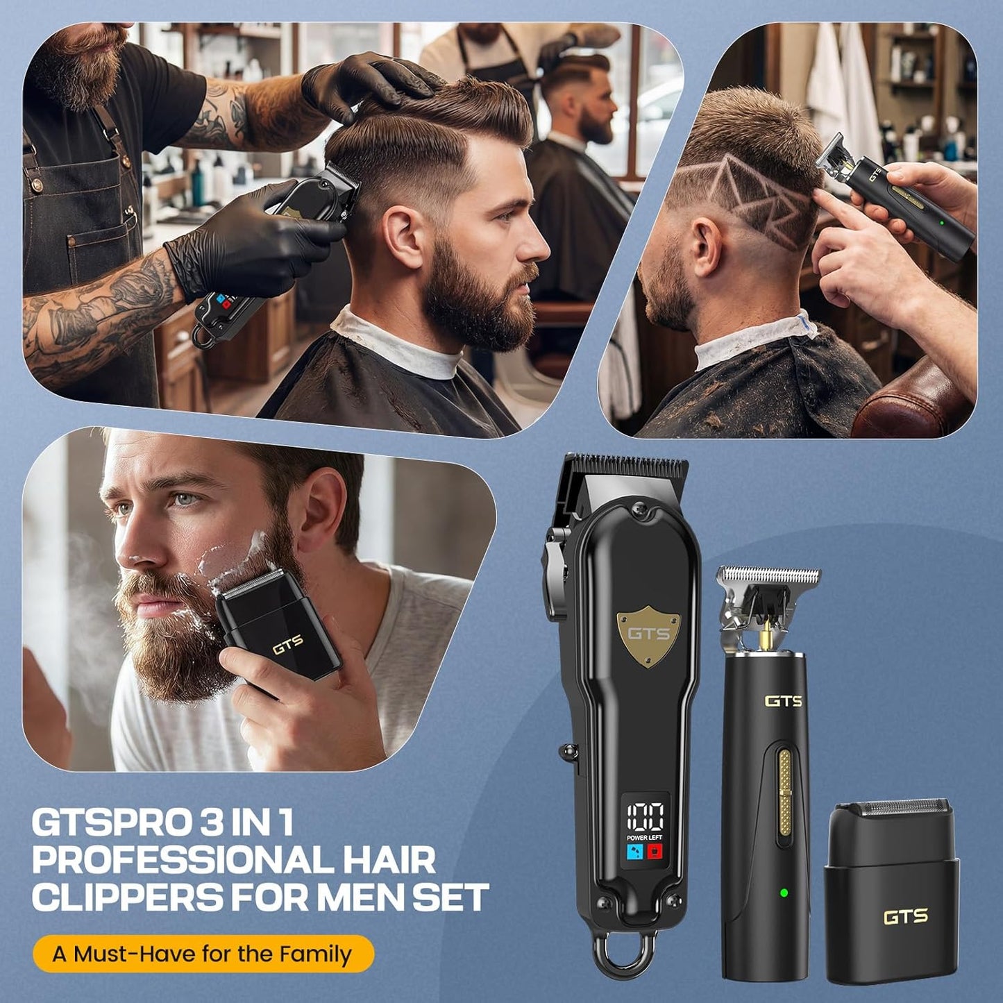 Professional Hair Clippers for Men - Cordless Haircut Kit with Beard Trimmer & IPX7 Electric Shaver | Rechargeable, LED Display, Black