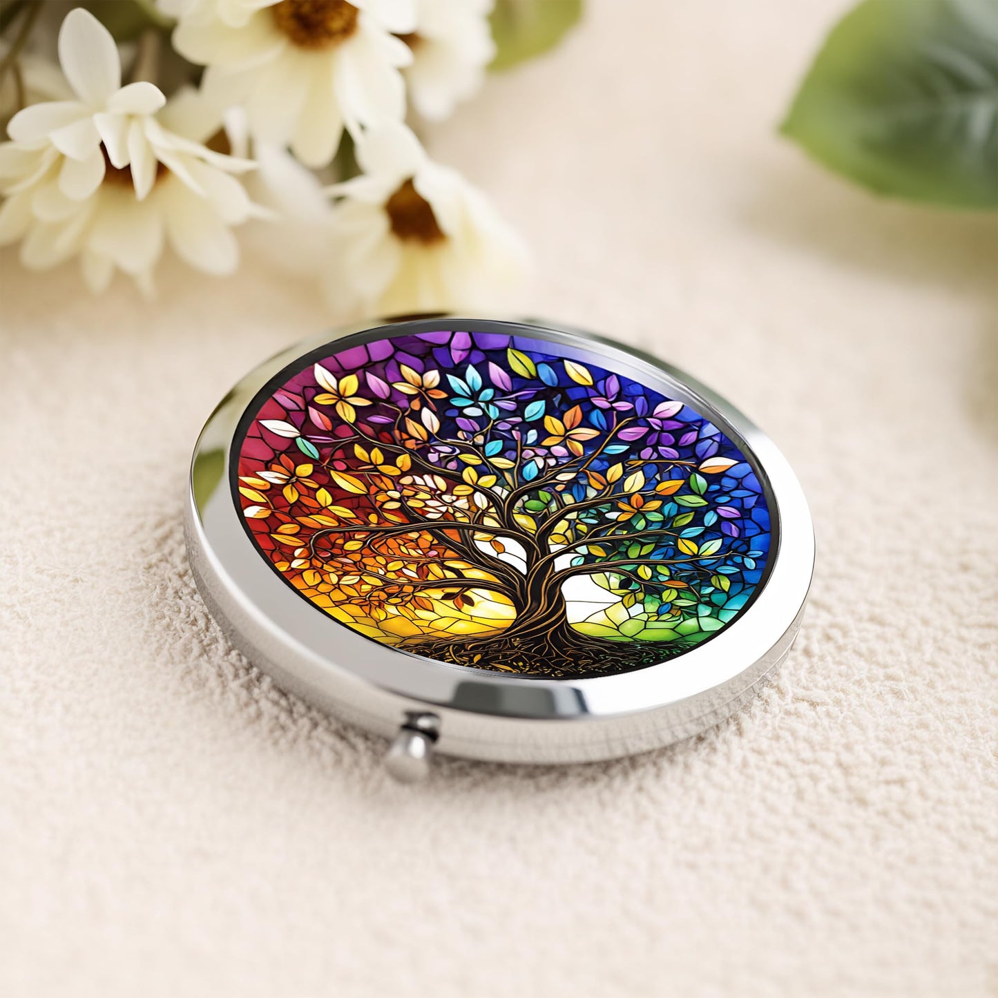 Silver Compact Mirror, 2.8x2.8inch Double-Sided Folding Makeup Mirror with Rainbow Tree of Life Design, Ideal Gift for Women