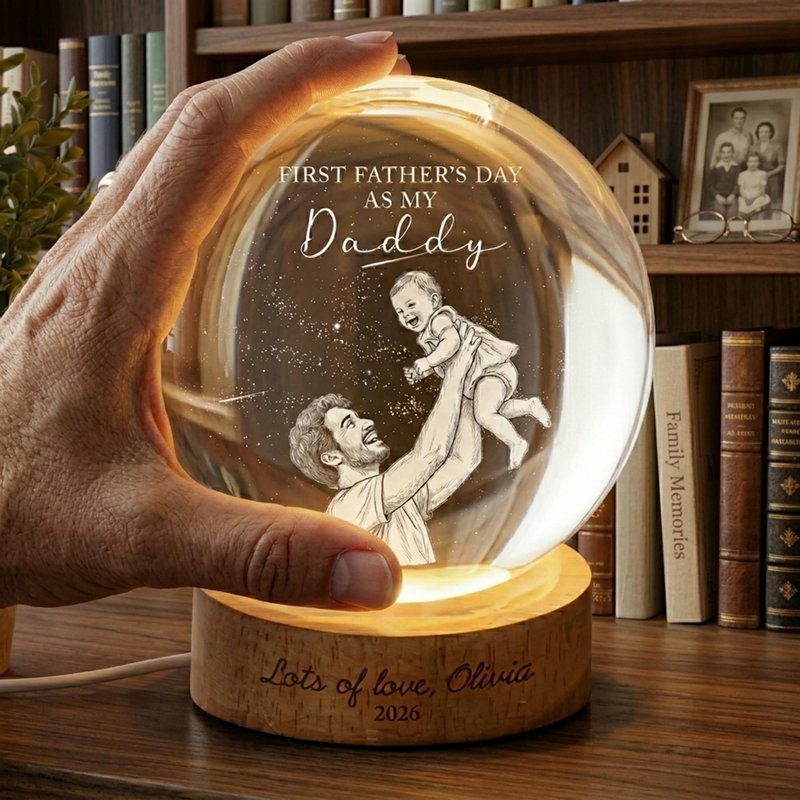 Evamall Custom First Father's Day Photo Crystal Ball Night Light, Personalized Dad Gift New Dad Gift 1st Fathers Day Present from Baby Keepsake, Daddy Papa