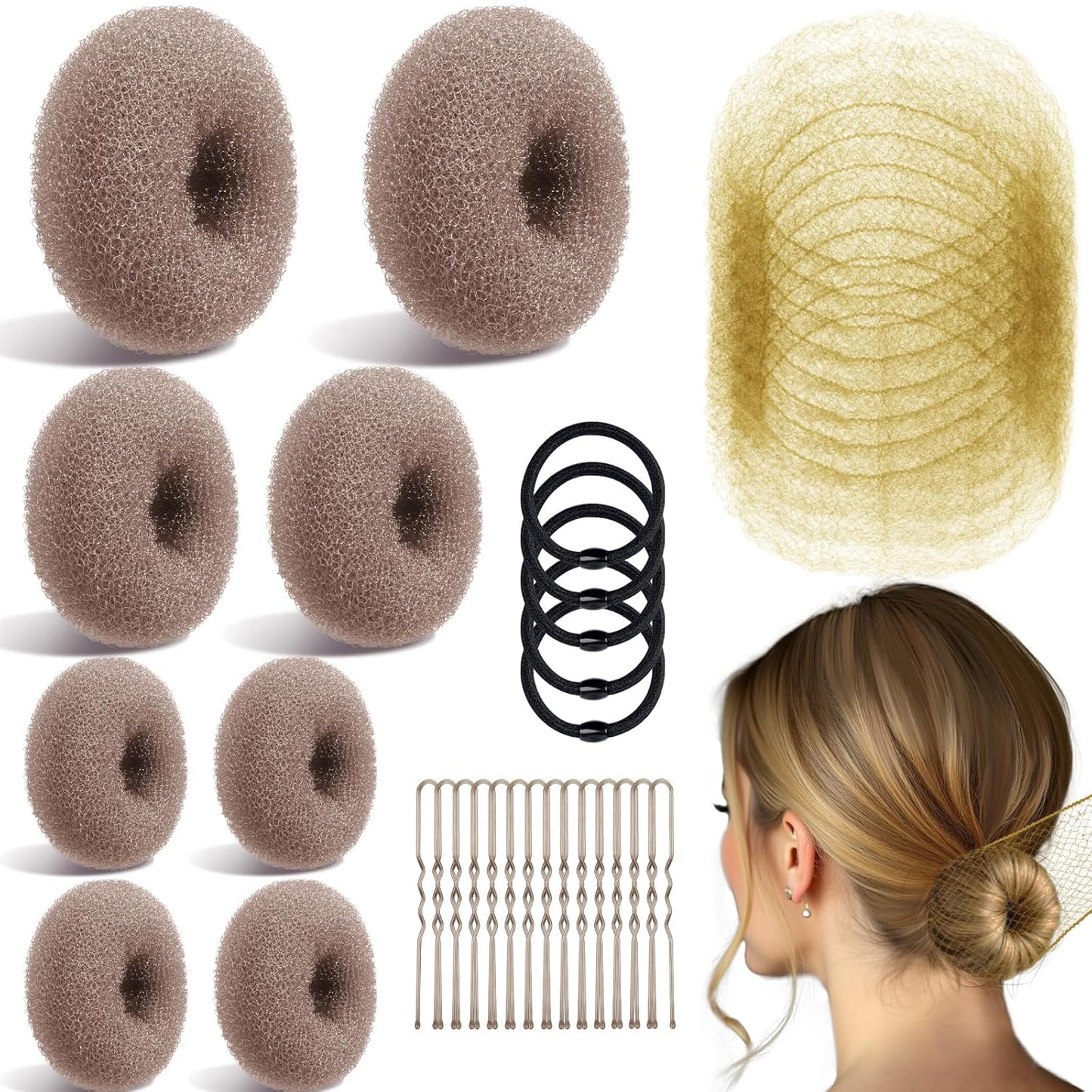 Bun Maker Set - 8 Bun Makers, 10 Brown Hair Nets & 40 Bobby Pins for Dance & Ballet | Hair Accessory Kit
