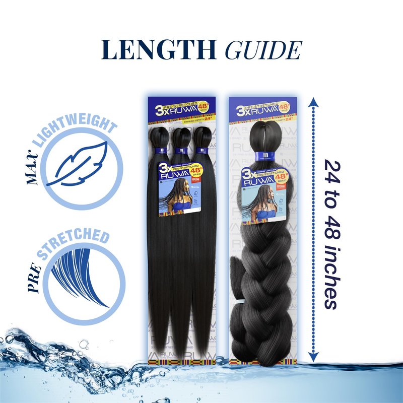 Sensationnel Ruwa prestretched braiding hair - 3x 48 inch water repellent kanekalon fast dry synthetic sports itch free (1 pack, 1B OFFBLACK)