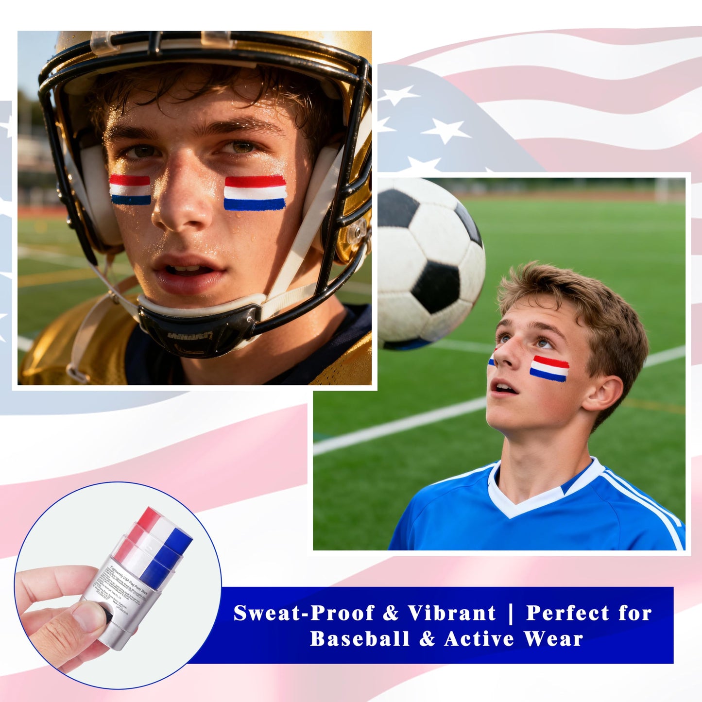 Faglowmify 2Pcs Red White and Blue Eye Black,USA Flag Face Paint Makeup for 4th of July America Independence Day,Baseball Face Paint for Game Day