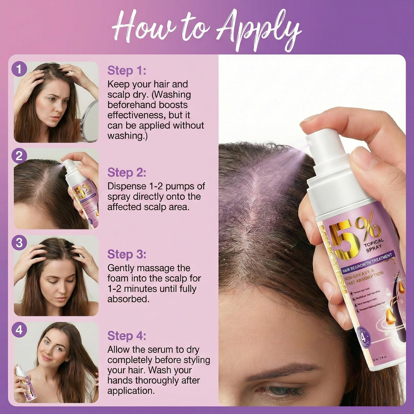 Women's Hair Growth Spray – 5% Minoxidil with Biotin & Rosemary Oil, Lightweight Oil-Free Formula, Clinically Tested for Thicker, Stronger Hair, 2 x 60 ml Bottles