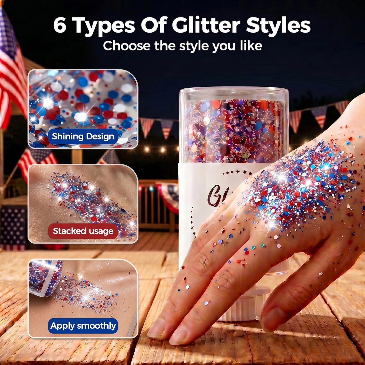 4th of July Patriotic Body Glitter Stick, Red White Blue Face Glitter Stick, Waterproof Festival Fourth of July Glitter for Body Hair Face, Patriotic Glitter for 4th of July Decorations (B)