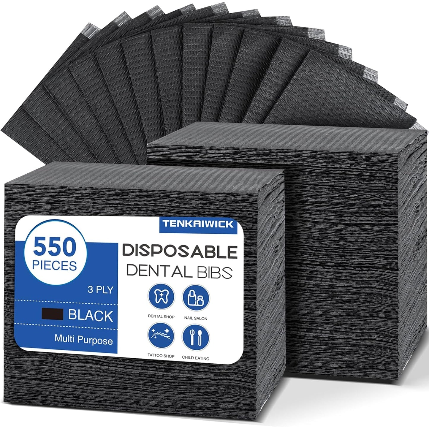 Disposable Dental Bibs - 550 Pack 3-Ply Waterproof Sheets for Nail Salons, Dental Clinics & Tattoos | 13"x18" Black