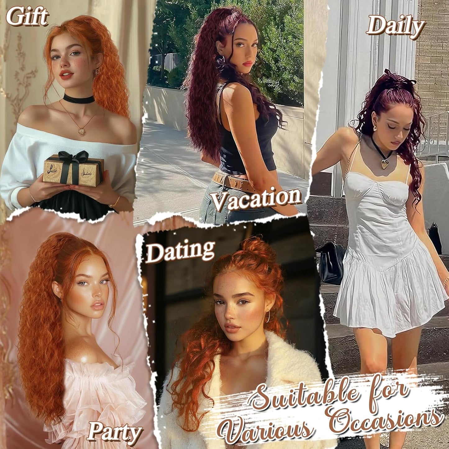 22 Inch Long Curly Wavy Copper Red Ponytail Extension - Synthetic Clip-In Hairpiece for Women | Voluminous Hair