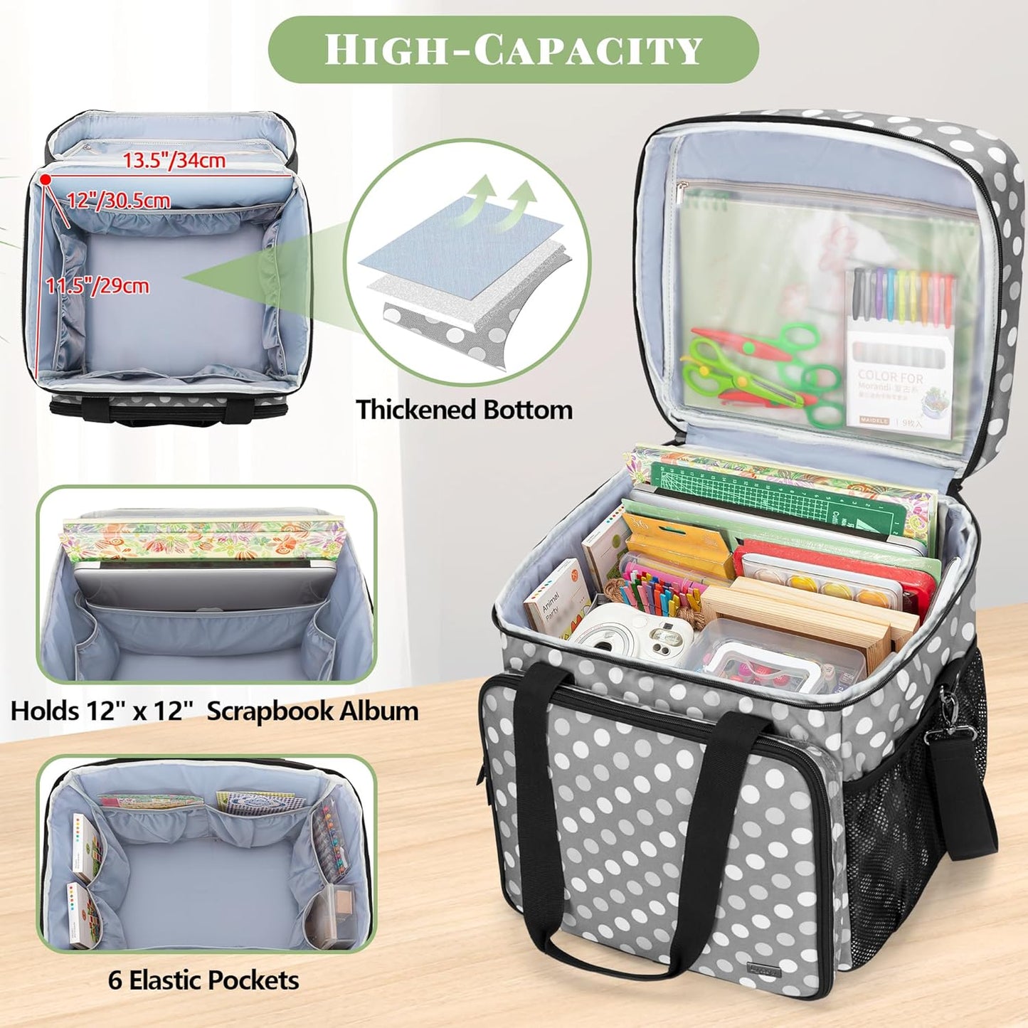LUXJA Rolling Scrapbook Tote - Detachable Dolly Design for Easy Transport | Gray Dots