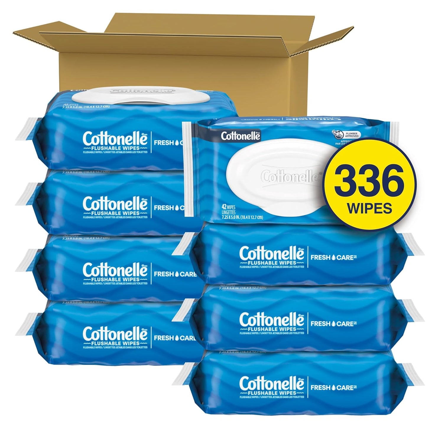 Cottonelle Flushable Wet Wipes - Fresh Feel Adult Wipes | 8 Flip-Top Packs, 42 Wipes Each (336 Total)
