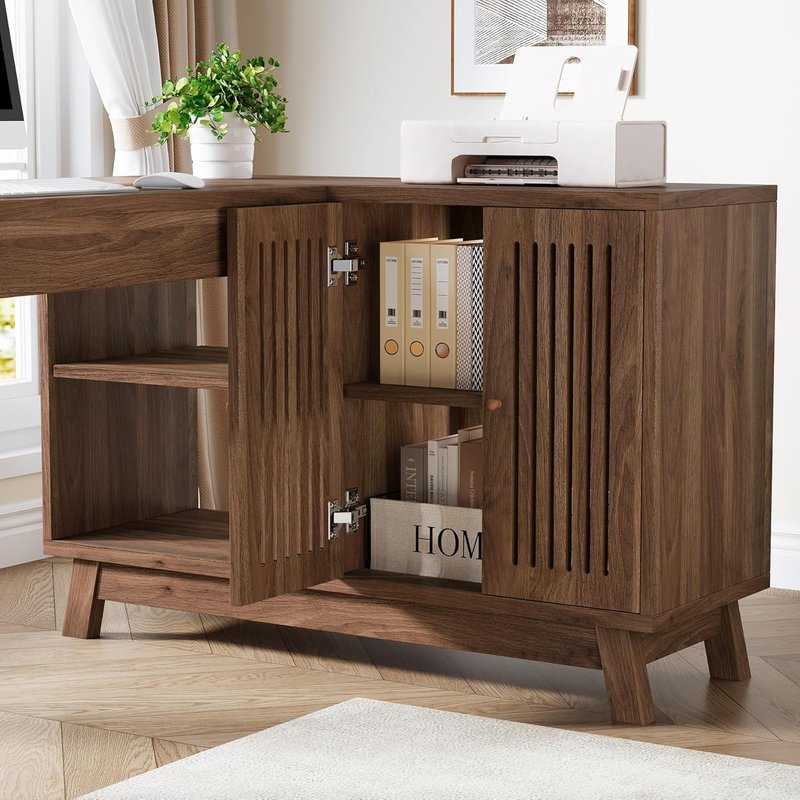 L Shaped Desk with Storage Cabinet - 57" Modern Corner Computer Desk | Space-Saving Wood Writing Desk for Home Office
