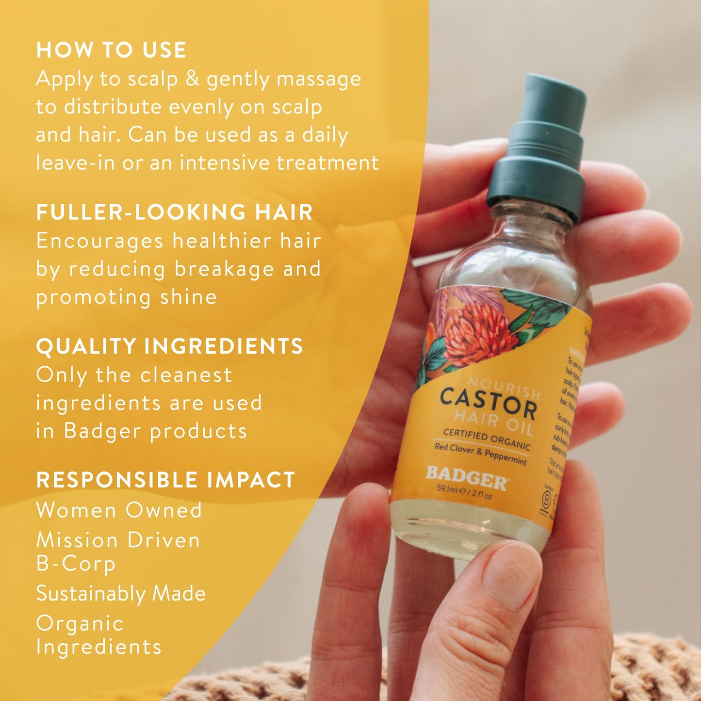 Badger Organic Castor Hair Oil for Thicker Fuller Looking Hair, 100% Organic Castor Oil for Hair Growth & Restoration, Red Clover & Peppermint, Deep Hydrating Hair Oil, 2 fl oz Glass Bottle
