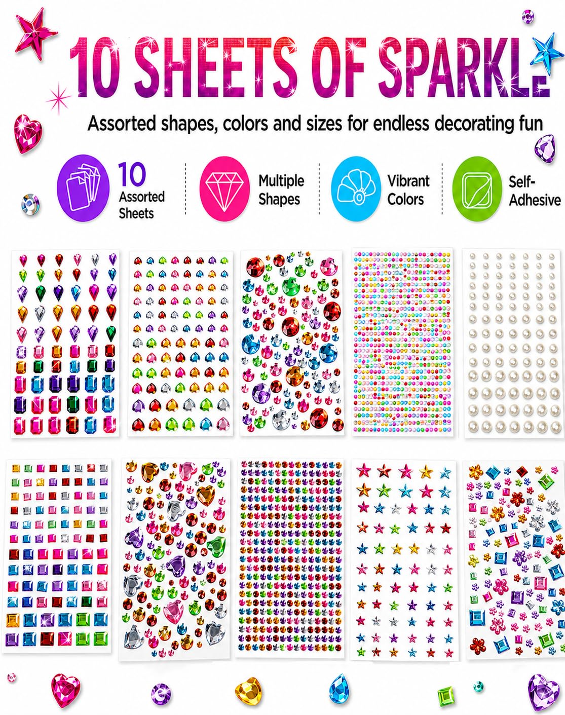 3062Pcs Gem Stickers-Self-Adhesive Face Jewelry Stickers, Acrylic Gems DIY Crafts, Sparkling Heart-Shaped Rhinestone, for Party & Holiday Supplies
