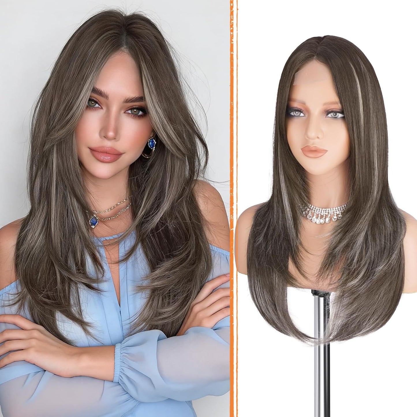 Blonde Wig with Curtain Bangs - Lace Front Long Layered Synthetic Hair for Women | 24 Inch Natural Look