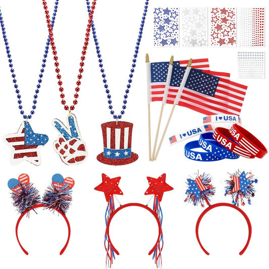VOCOSTE 16Pcs Red White and Blue Accessories, 4th of July Accessories for Family Groups Memorial Day Party Favors Supplies, Include Patriotic Headband Necklaces Wristband USA Flag Star Face Gems