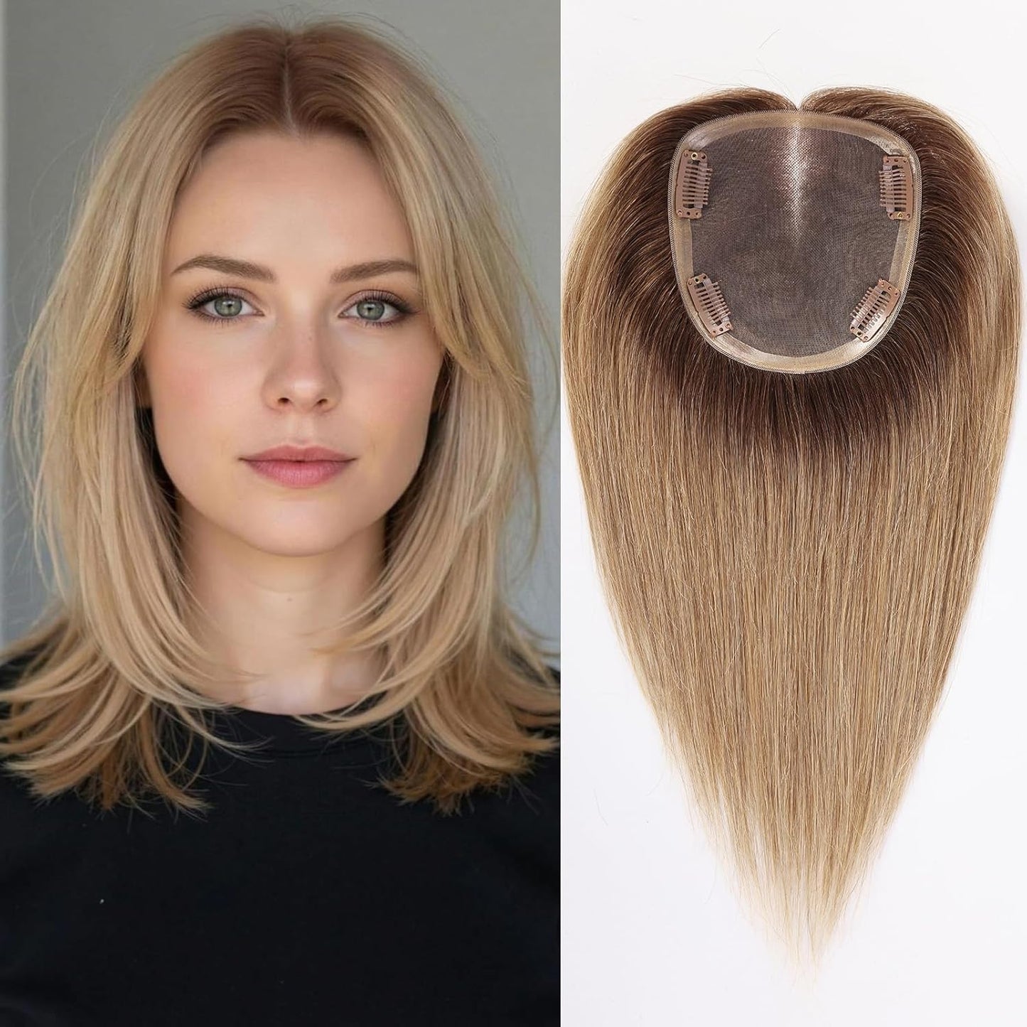 Real Human Hair Toppers for Women - 14-Inch Mixed Brown with Bangs | 6" x 5" Swiss Lace Base
