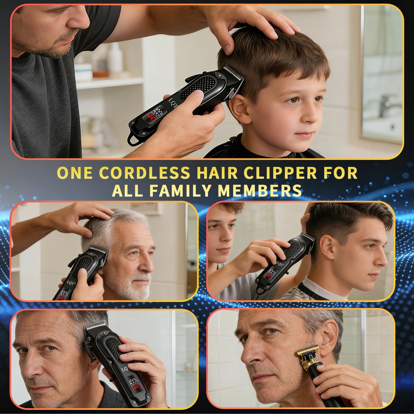 LQT® Men's Professional Hair Clippers Kit，Cordless & Corded Barber Clippers Set，Grooming Rechargeable Beard Trimmer with Adjustable Blade Black
