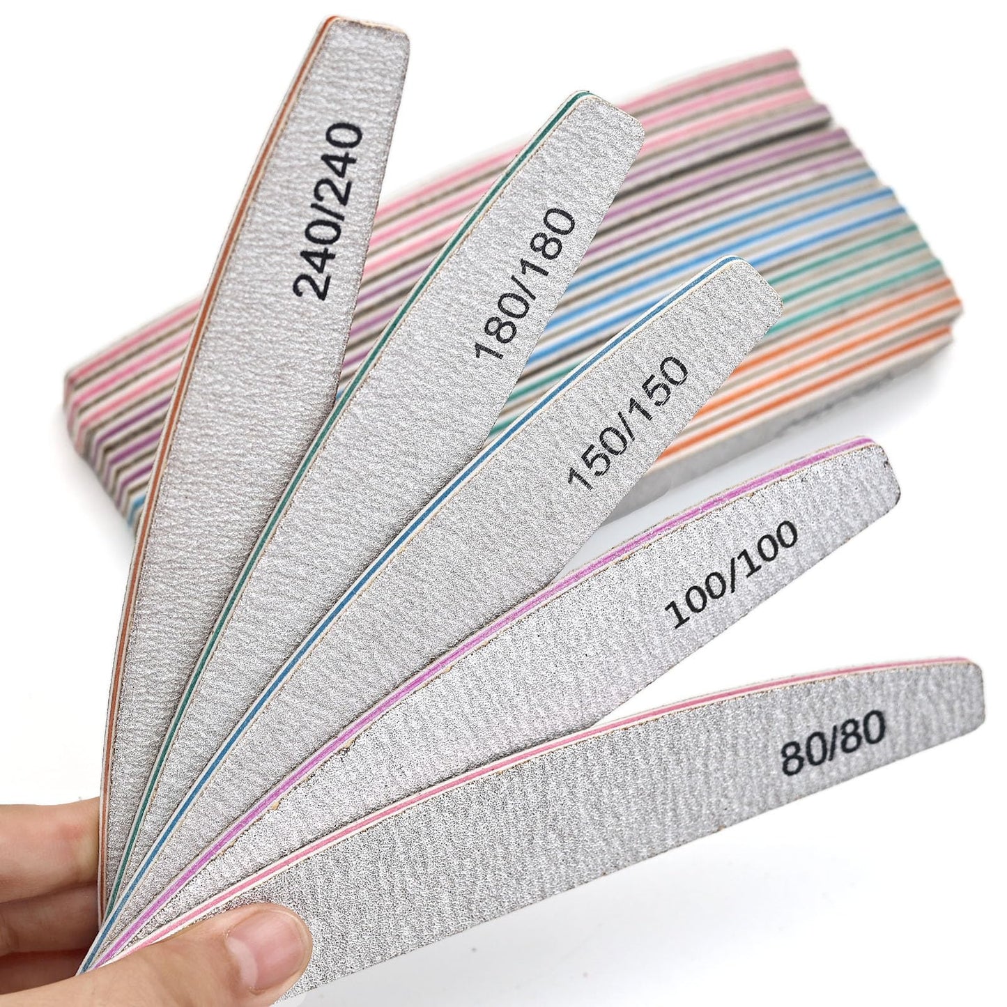 10pcs Professional Half Moon Nail File Set, Washable Nail Files and Buffers 80/100/150/180/240 Grit, Emery Boards for Natural Nails, Manicure Pedicure Nail Art Tools