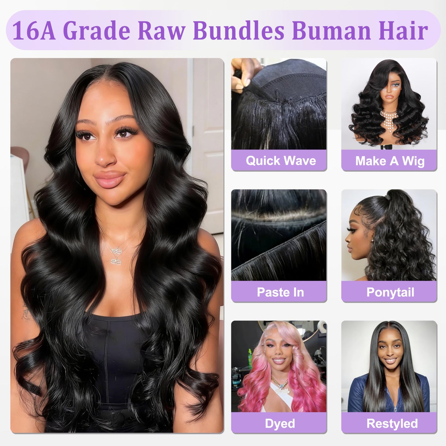 16A Body Wave Bundles Human Hair, 20 22 24 Inch 3Pcs Raw Bundles Human Hair Extensions, Direction Cuticles, Unprocessed Virgin Real Human Hair, Retains Silky Soft and Thick 3X Longer Lifespan,Reusable