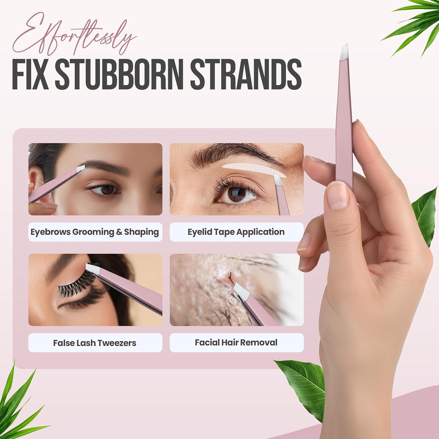 Precision Slant Tip Tweezers - Stainless Steel Eyebrow Plucking Tool for Men & Women | Rose Quartz Finish